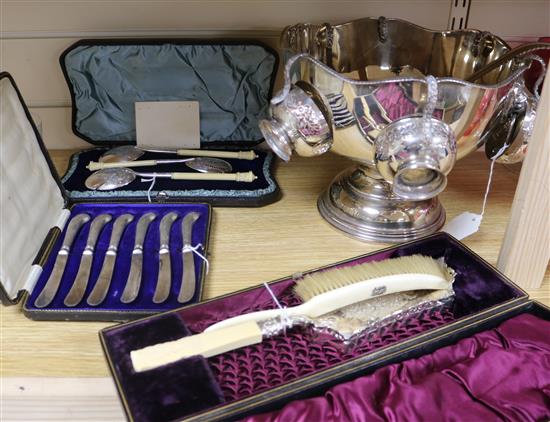 A plated punch set, set of three ivory-handled serving spoons, crumb scoop and brush and set of butter knives (3 cased)